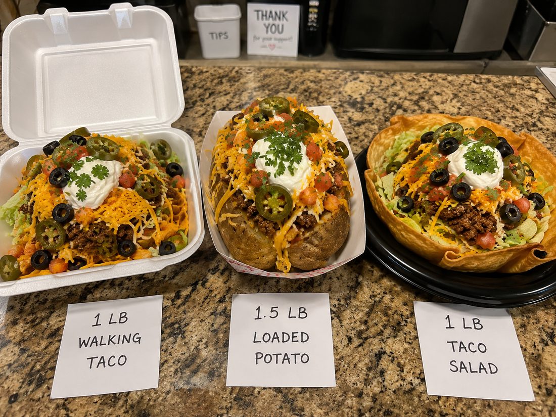 Loaded walking taco, baked potato and crispy taco salad bowl